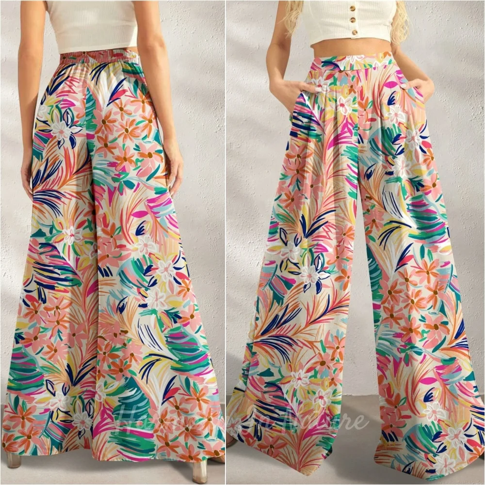 Tropical Leaf Print Wide-Leg Pants - Sherbet - Picture 1 of 4